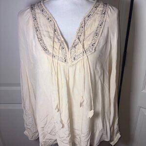 NWOT Rebecca Taylor 100% Silk Tassle Beaded Blouse Cream Neutral Long Sleeve 8